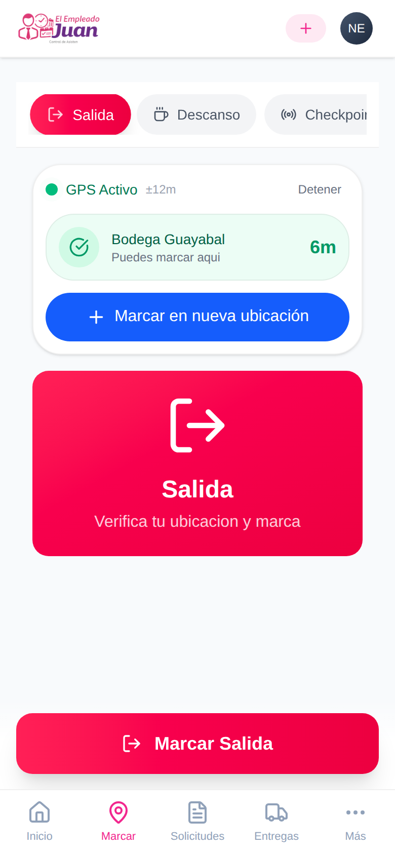 Portal de marcación móvil de Juan con ubicación de trabajo